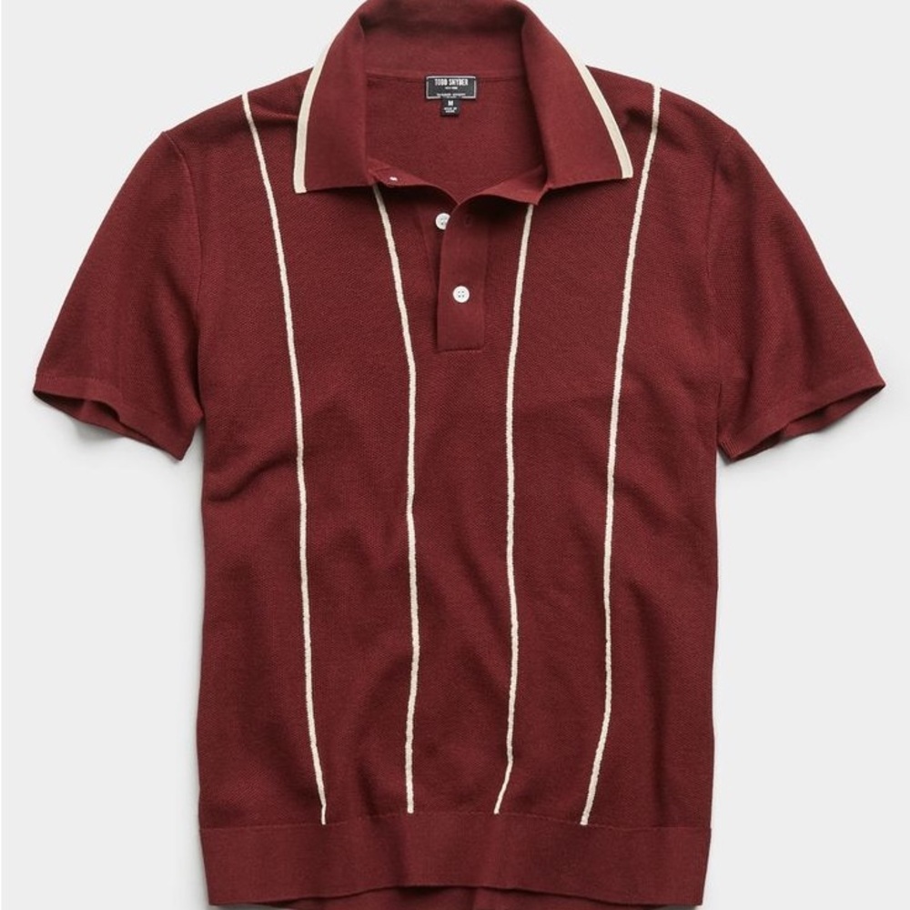 Todd Snyder Tipped Wide Stripe Mesh Polo Sweater In Burgundy